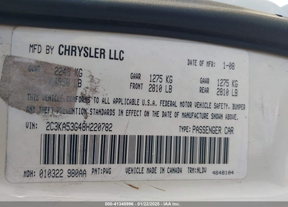 2008 CHRYSLER 300 VIN: 2C3KA53G48H220782