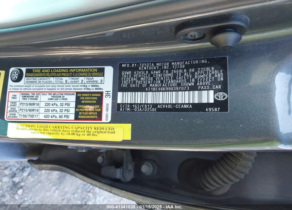 2009 TOYOTA CAMRY LE VIN: 4T1BE46K99U397073