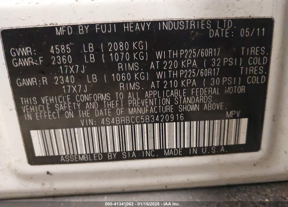 2011 SUBARU OUTBACK 2.5I PREMIUM VIN: 4S4BRBCC5B3420916
