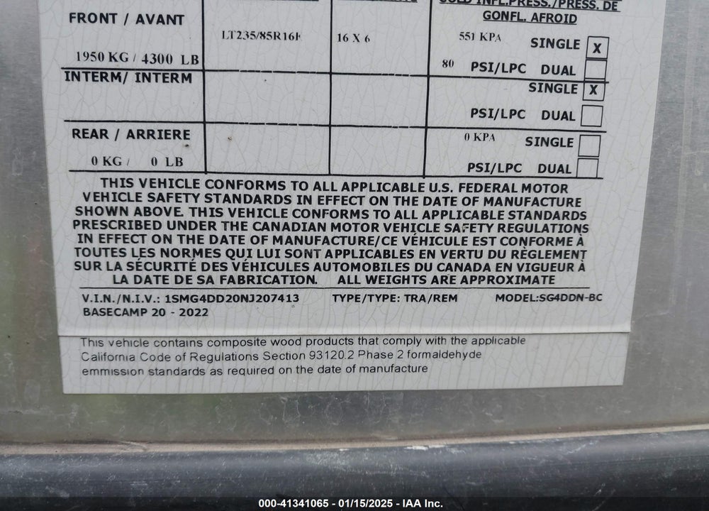 2022 AIRSTREAM OTHER VIN: 1SMG4DD20NJ207413
