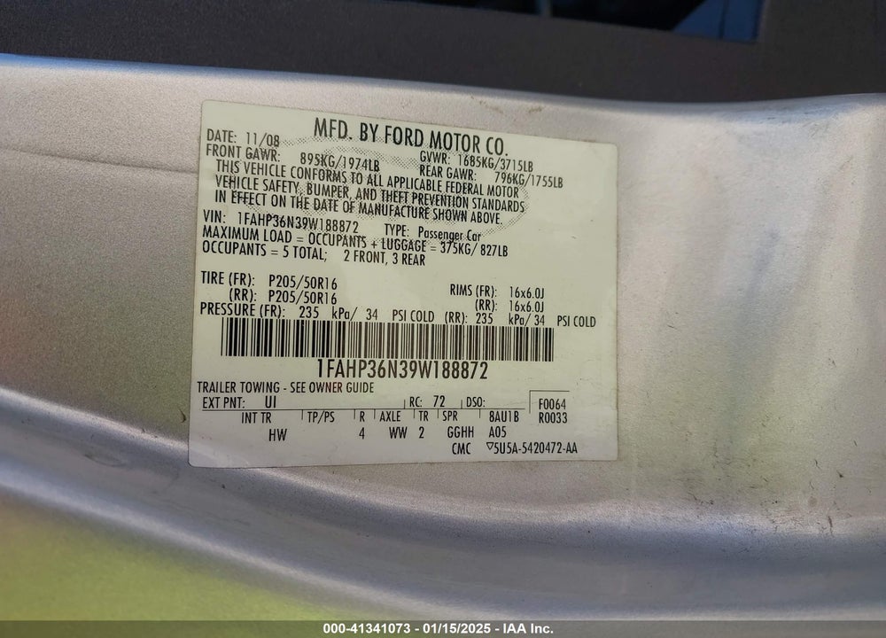 2009 FORD FOCUS VIN: 1FAHP36N39W188872