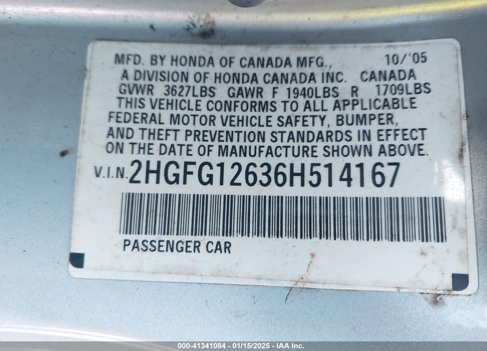 2006 HONDA CIVIC VIN: 2HGFG12636H514167