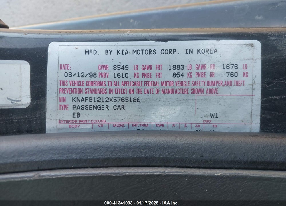 1999 KIA SEPHIA LS VIN: KNAFB1212X5765186