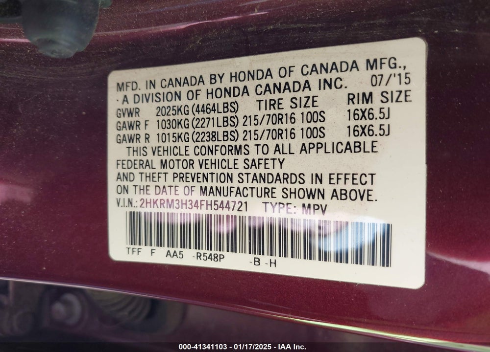 2015 HONDA CR-V LX VIN: 2HKRM3H34FH544721