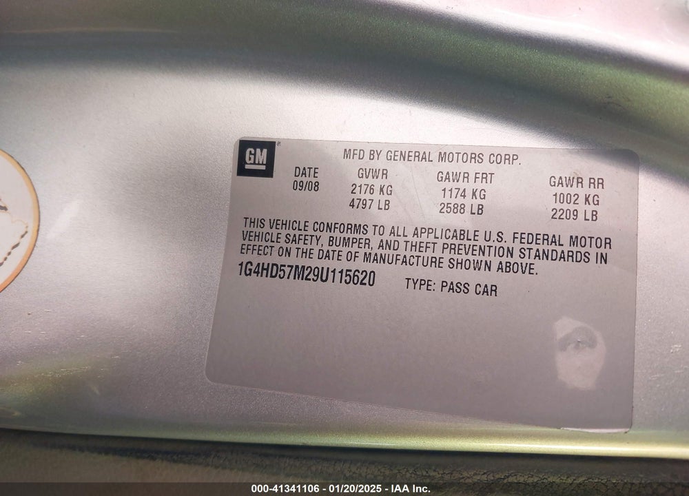 2009 BUICK LUCERNE VIN: 1G4HD57M29U115620
