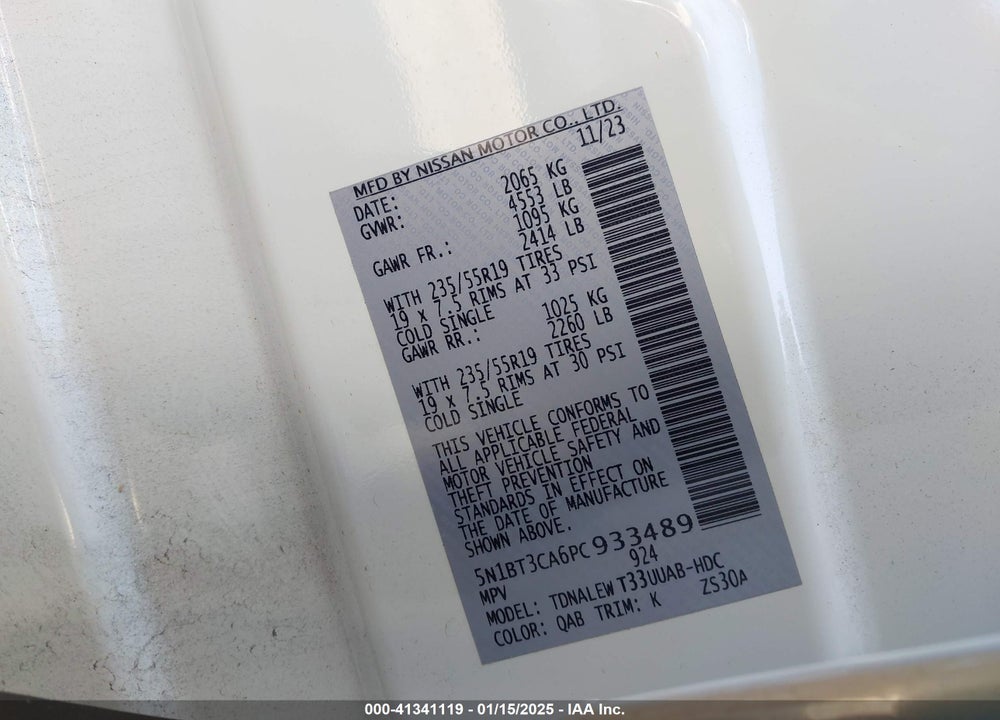 2023 NISSAN ROGUE SL FWD VIN: 5N1BT3CA6PC933489