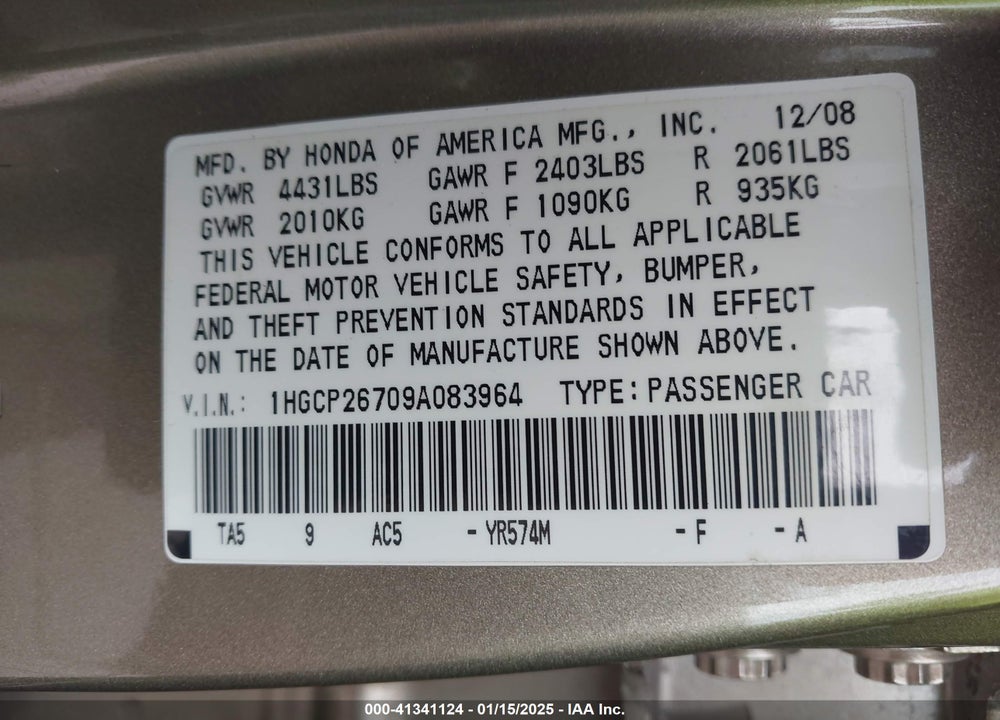 2009 HONDA ACCORD SDN VIN: 1HGCP26709A083964