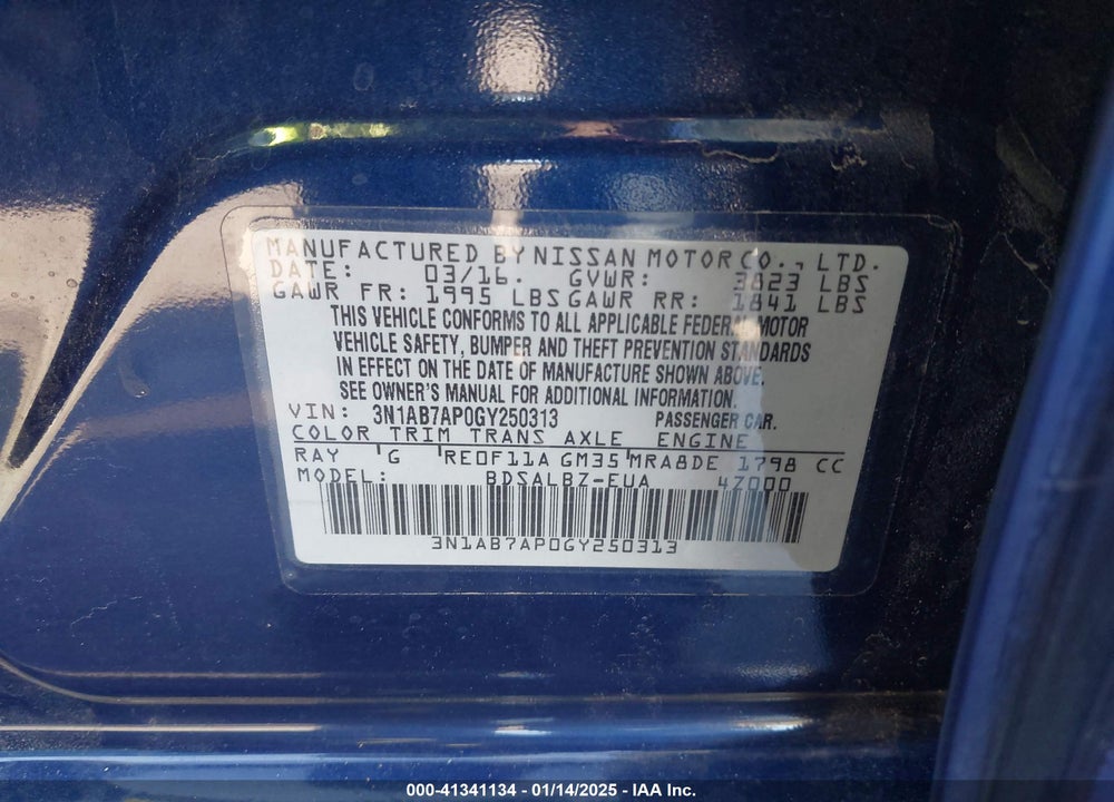 2016 NISSAN SENTRA S VIN: 3N1AB7AP0GY250313