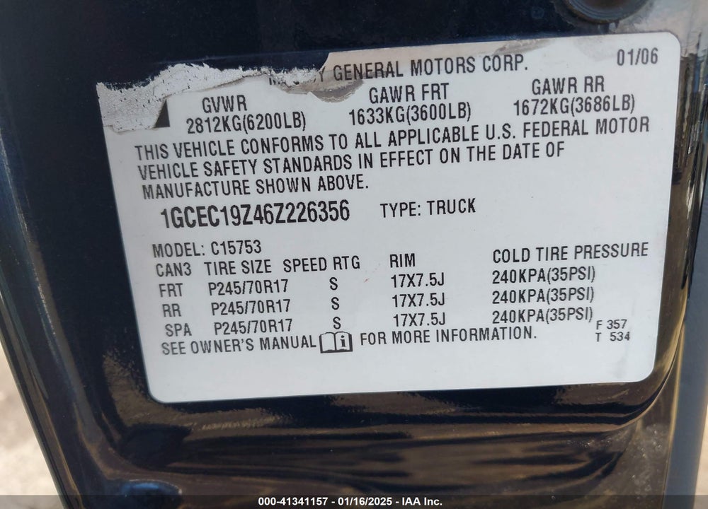 2006 CHEVROLET SILVERADO 1500 LT2 VIN: 1GCEC19Z46Z226356