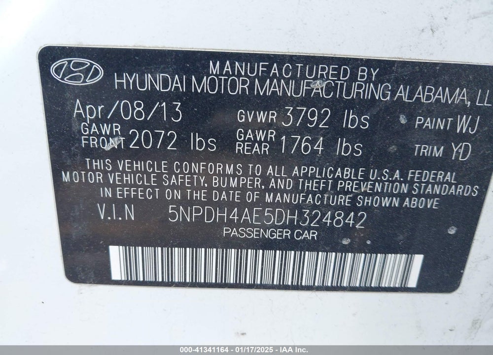 2013 HYUNDAI ELANTRA VIN: 5NPDH4AE5DH324842