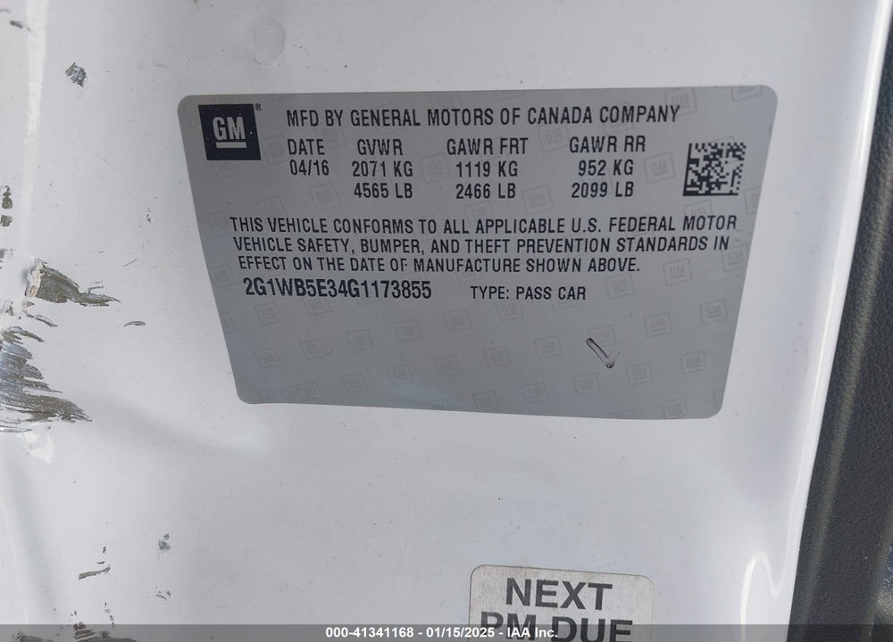 2016 CHEVROLET IMPALA LIMITED VIN: 2G1WB5E34G1173855