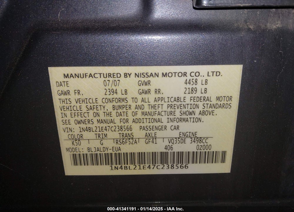 2007 NISSAN ALTIMA 3.5 SE VIN: 1N4BL21E47C238566