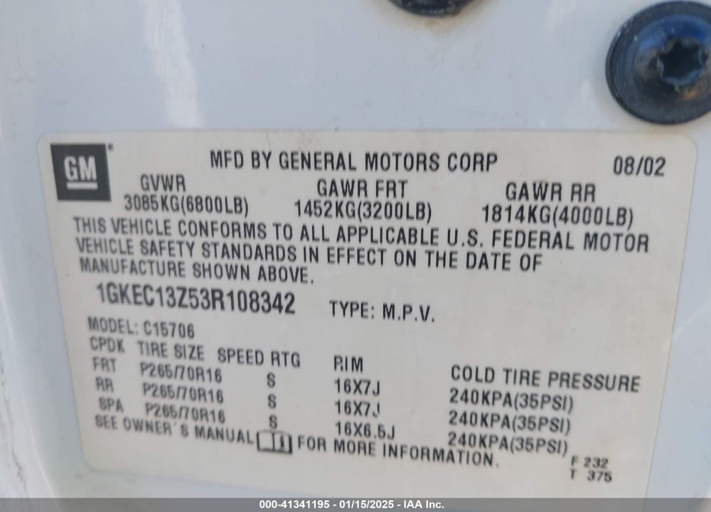 2003 GMC YUKON SLT VIN: 1GKEC13Z53R108342