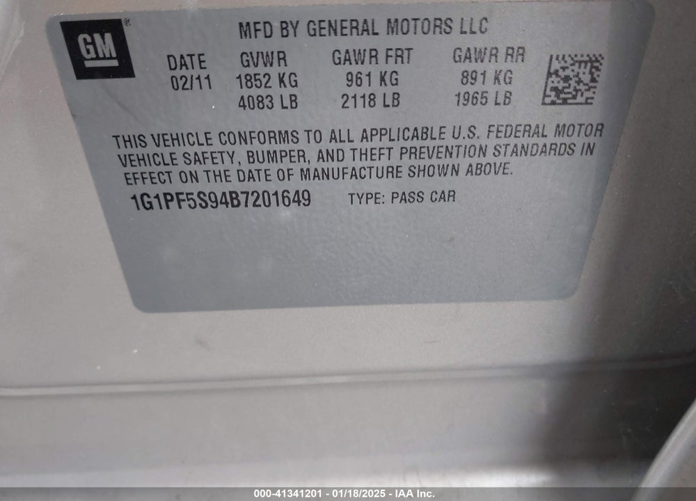 2011 CHEVROLET CRUZE VIN: 1G1PF5S94B7201649