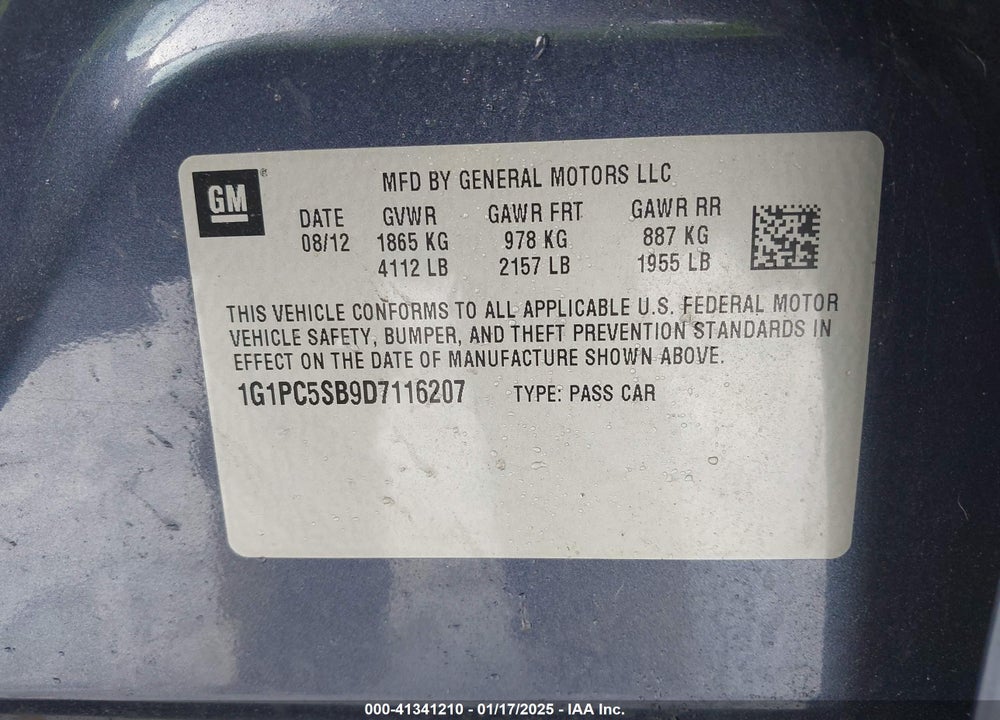 2013 CHEVROLET CRUZE 1LT AUTO VIN: 1G1PC5SB9D7116207