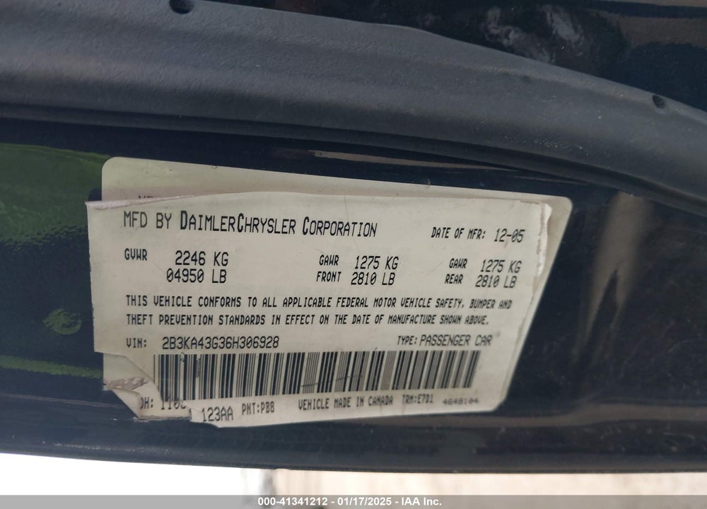 2006 DODGE CHARGER VIN: 2B3KA43G36H306928
