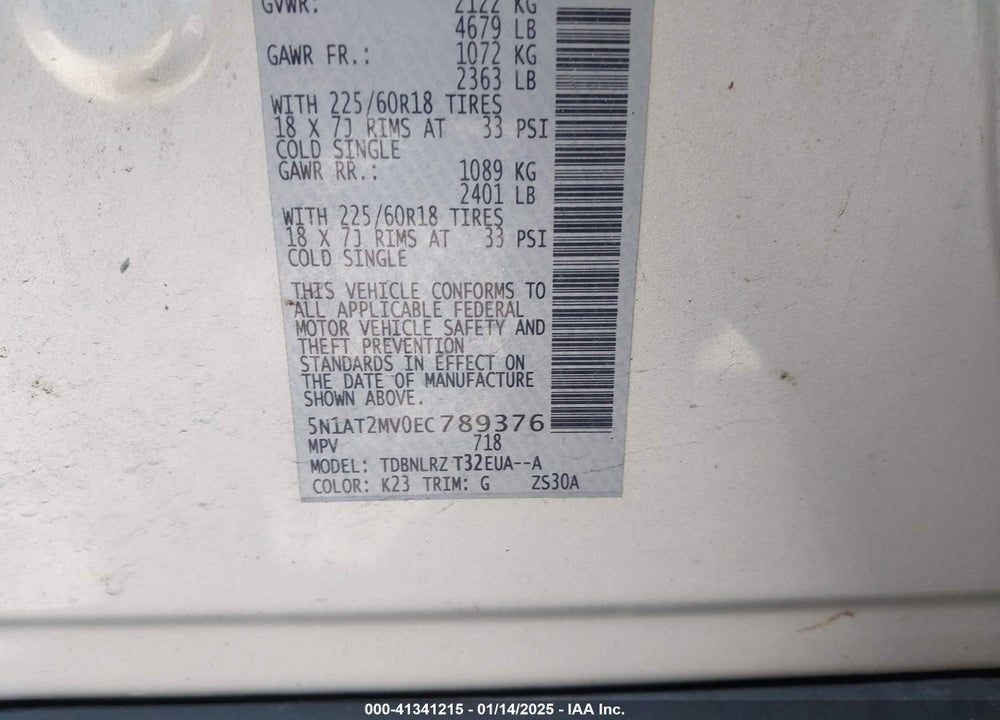 2014 NISSAN ROGUE SL VIN: 5N1AT2MV0EC789376
