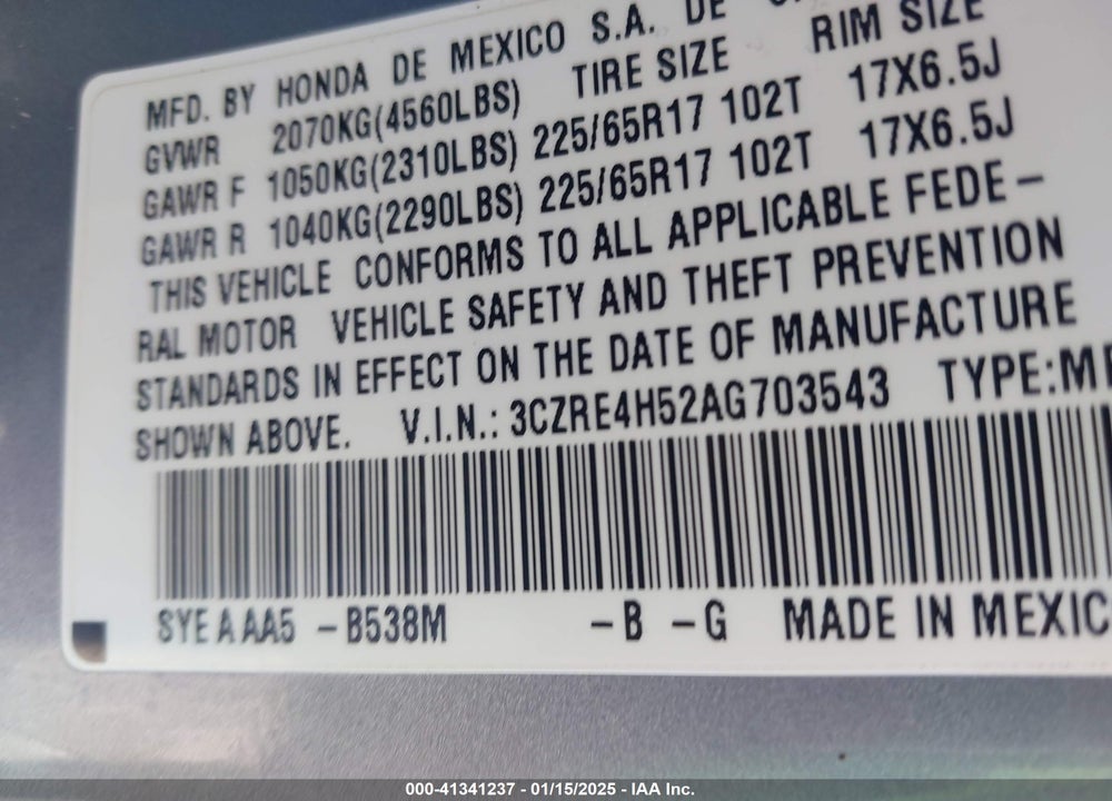 2010 HONDA CR-V EX VIN: 3CZRE4H52AG703543