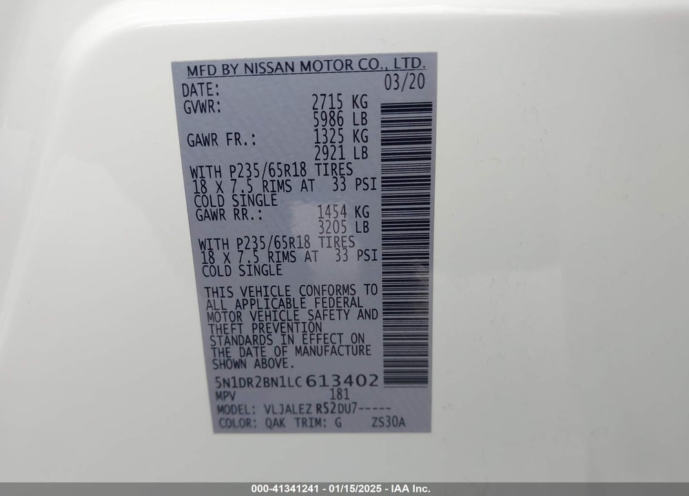 2020 NISSAN PATHFINDER SV 2WD VIN: 5N1DR2BN1LC613402