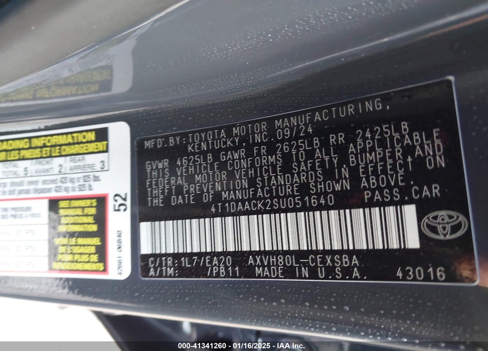 2025 TOYOTA CAMRY SE VIN: 4T1DAACK2SU051640