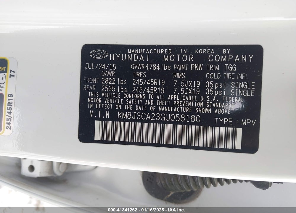 2016 HYUNDAI TUCSON SPORT VIN: KM8J3CA23GU058180