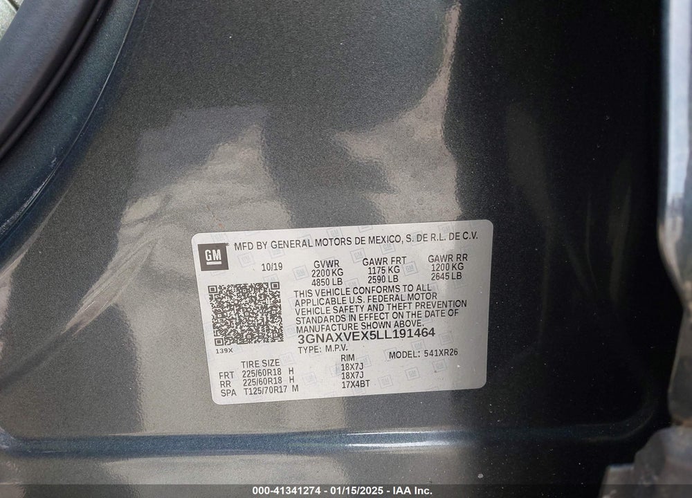 2020 CHEVROLET EQUINOX AWD LT 2.0L TURBO VIN: 3GNAXVEX5LL191464