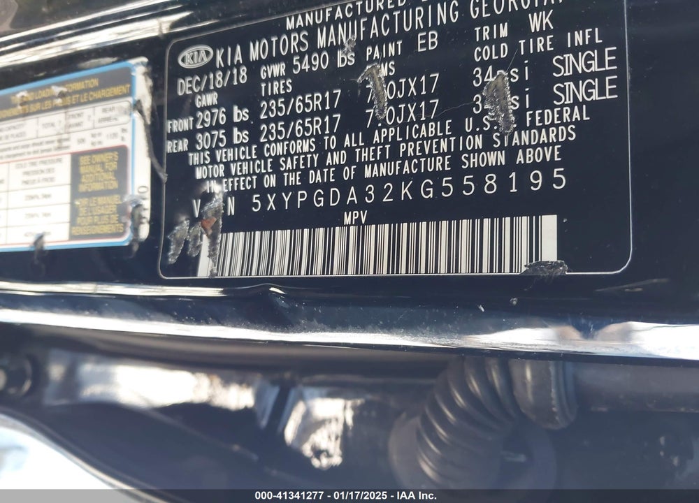 2019 KIA SORENTO 2.4L LX VIN: 5XYPGDA32KG558195