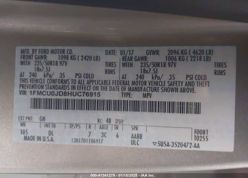 2017 FORD ESCAPE TITANIUM VIN: 1FMCU0JD8HUC76915