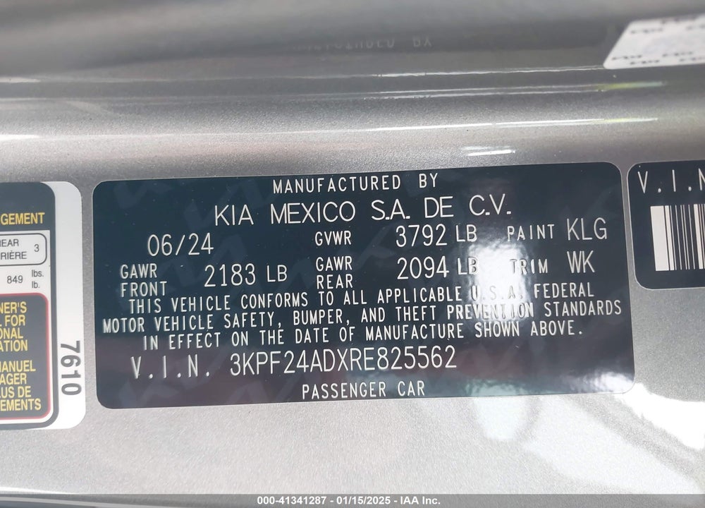 2024 KIA FORTE LXS VIN: 3KPF24ADXRE825562