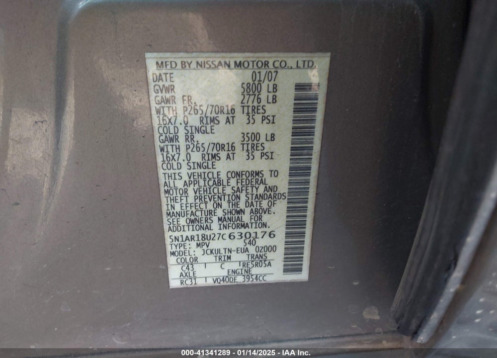2007 NISSAN PATHFINDER SE VIN: 5N1AR18U27C630176