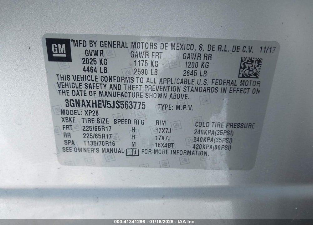 2018 CHEVROLET EQUINOX VIN: 3GNAXHEV5JS563775