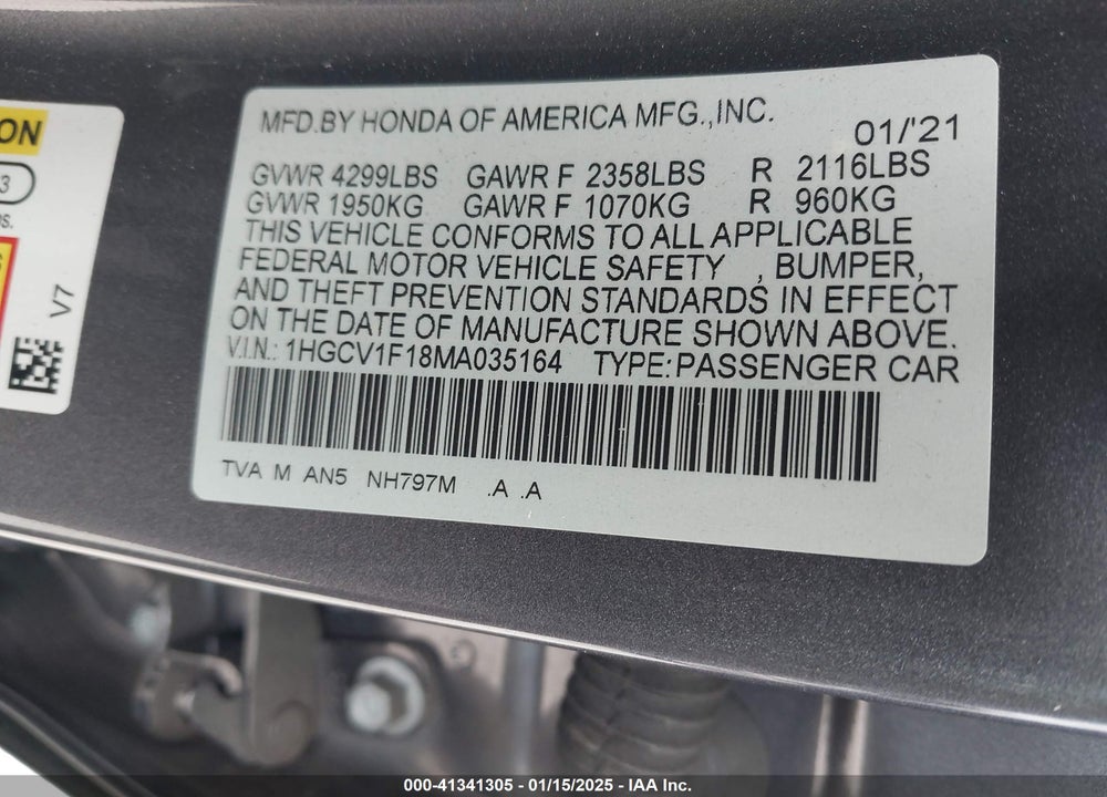 2021 HONDA ACCORD VIN: 1HGCV1F18MA035164