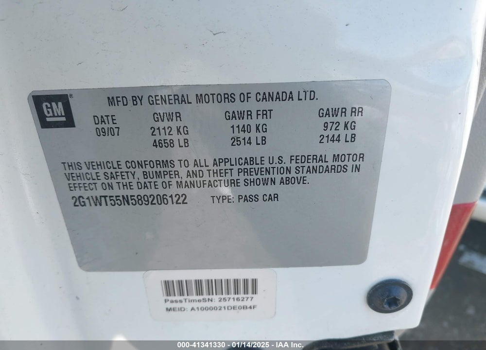 2008 CHEVROLET IMPALA VIN: 2G1WT55N589206122