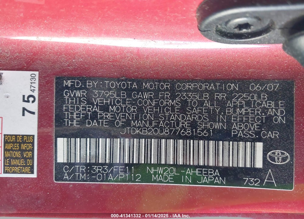 2007 TOYOTA PRIUS VIN: JTDKB20U877681561