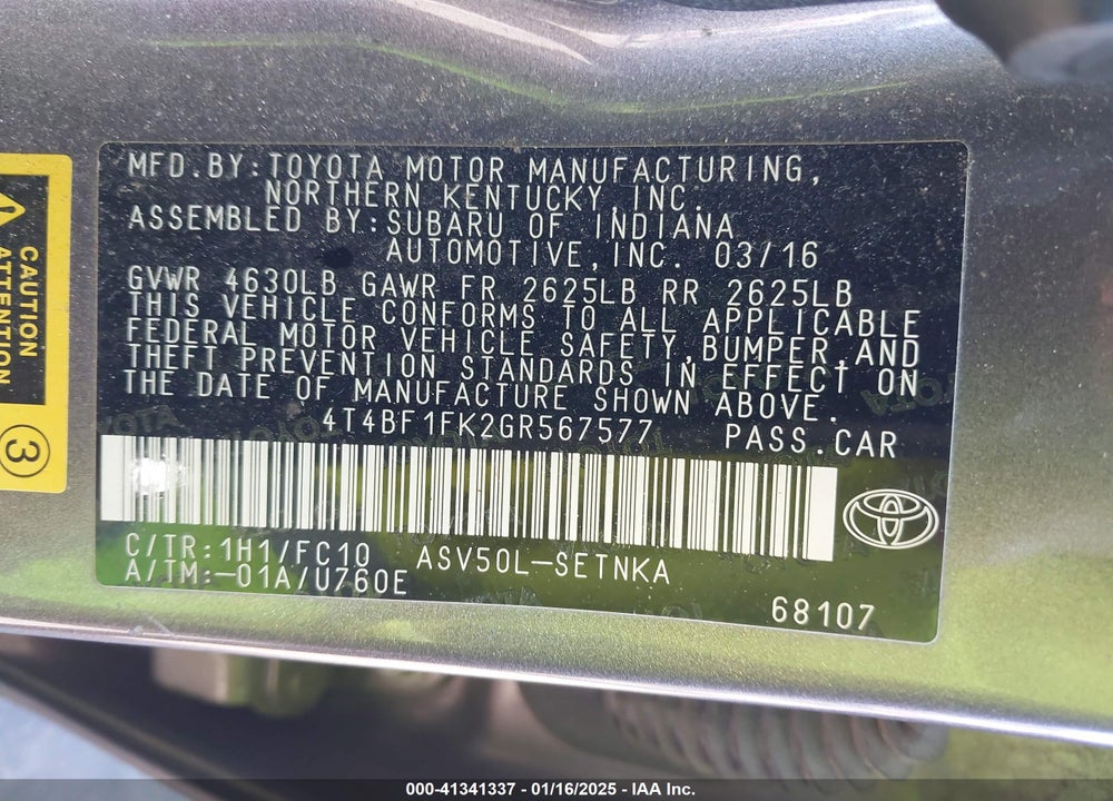 2016 TOYOTA CAMRY VIN: 4T4BF1FK2GR567577