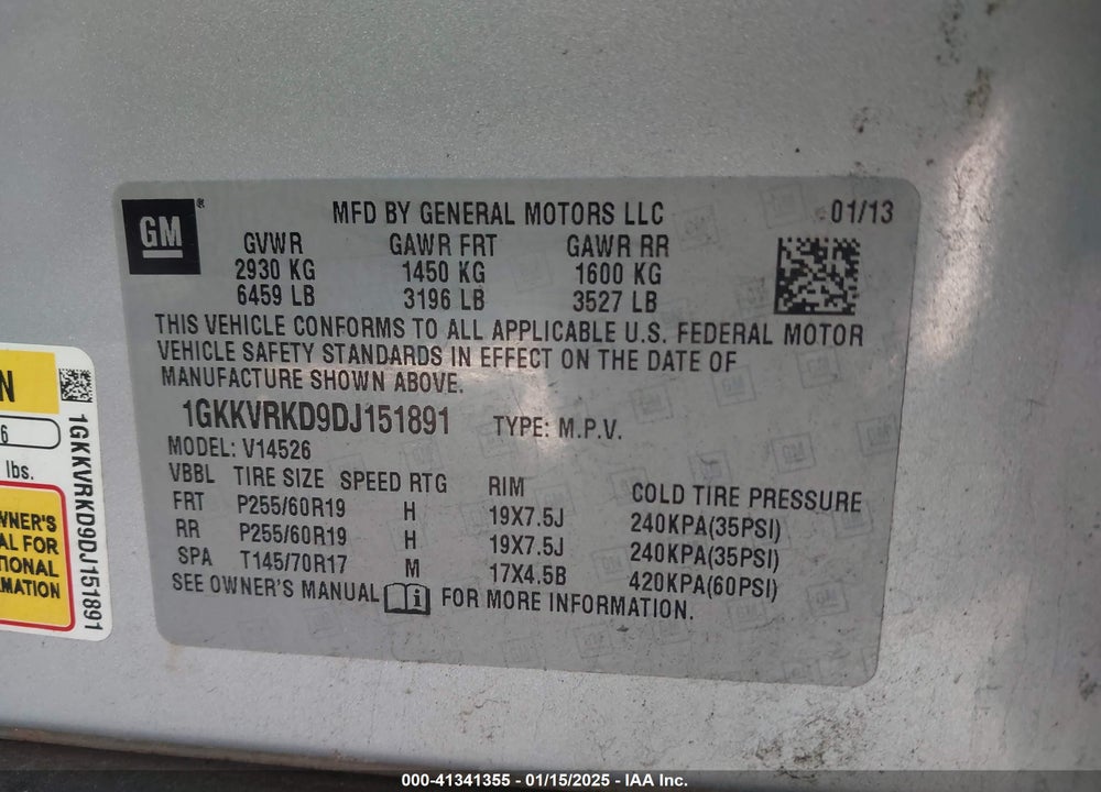 2013 GMC ACADIA SLT-1 VIN: 1GKKVRKD9DJ151891