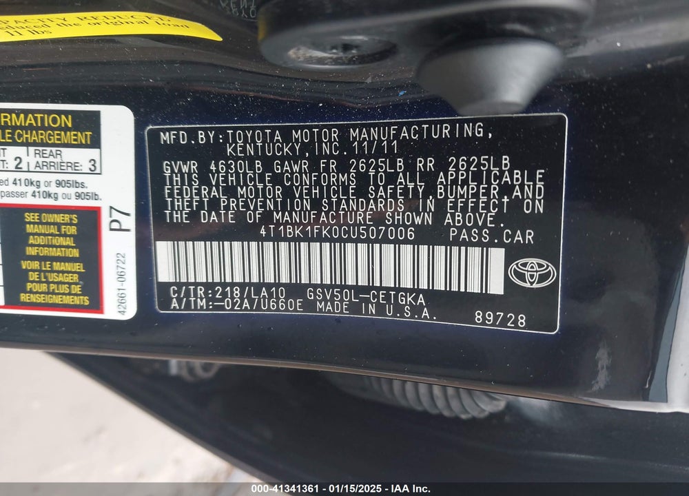 2012 TOYOTA CAMRY VIN: 4T1BK1FK0CU507006