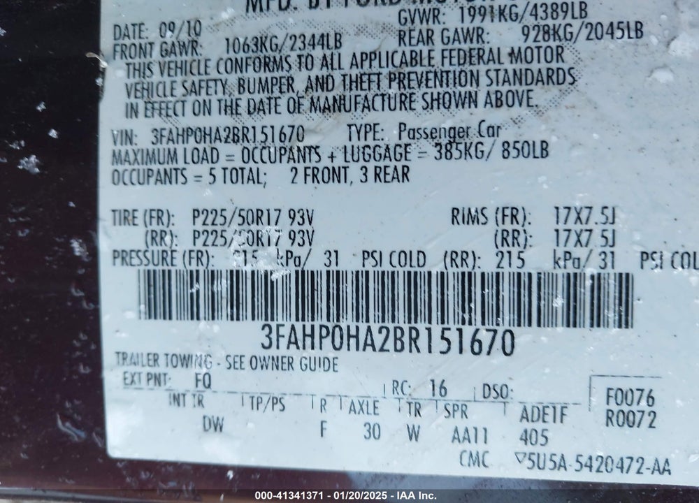 2011 FORD FUSION SE VIN: 3FAHP0HA2BR151670