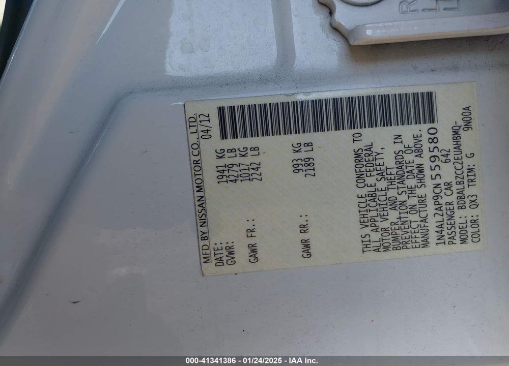 2012 NISSAN ALTIMA VIN: 1N4AL2AP9CN559580