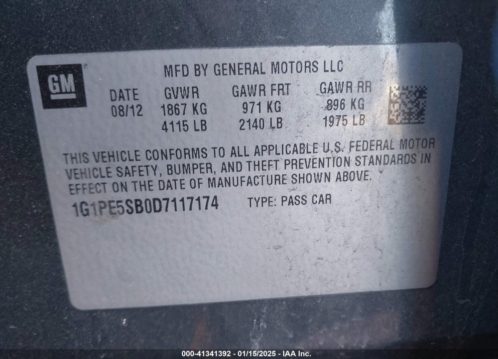 2013 CHEVROLET CRUZE VIN: 1G1PE5SB0D7117174