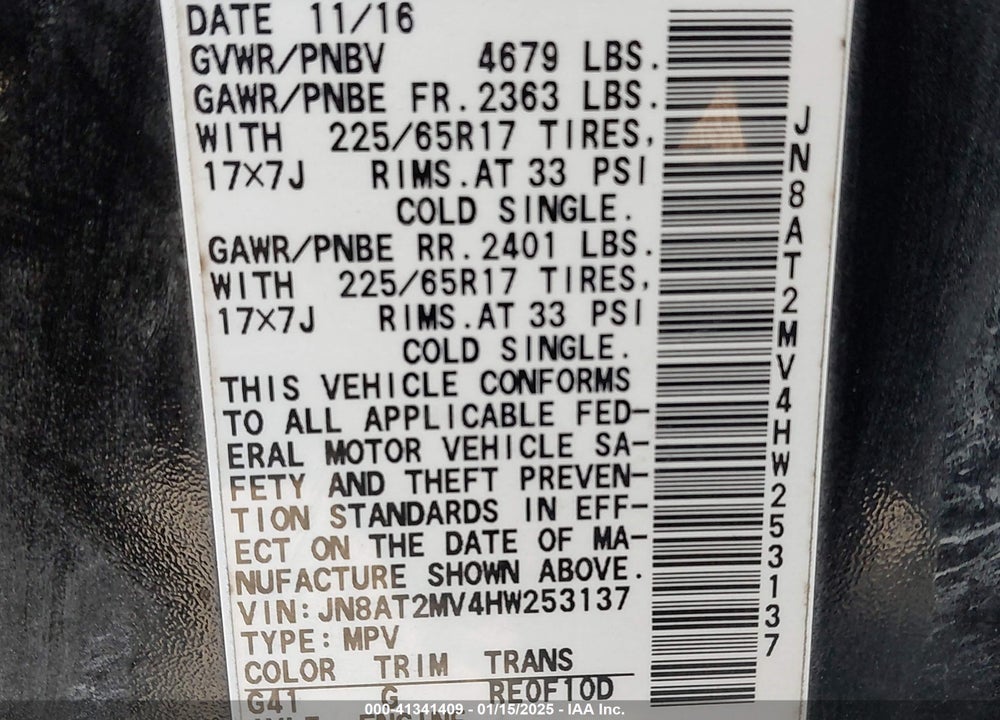 2017 NISSAN ROGUE SV VIN: JN8AT2MV4HW253137