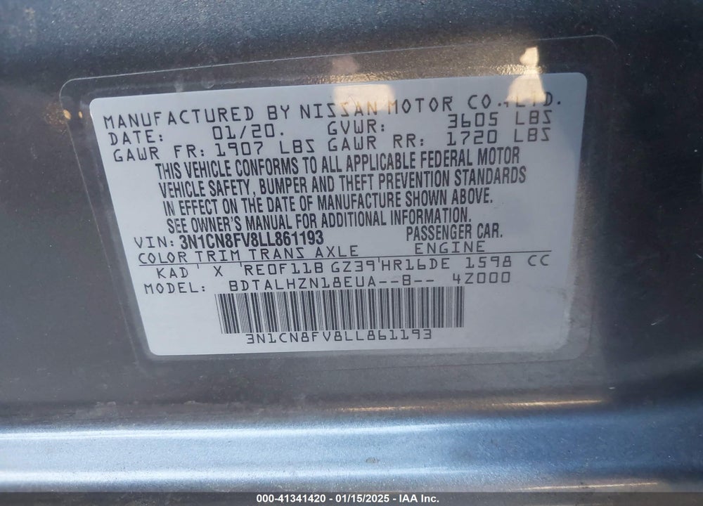 2020 NISSAN VERSA VIN: 3N1CN8FV8LL861193