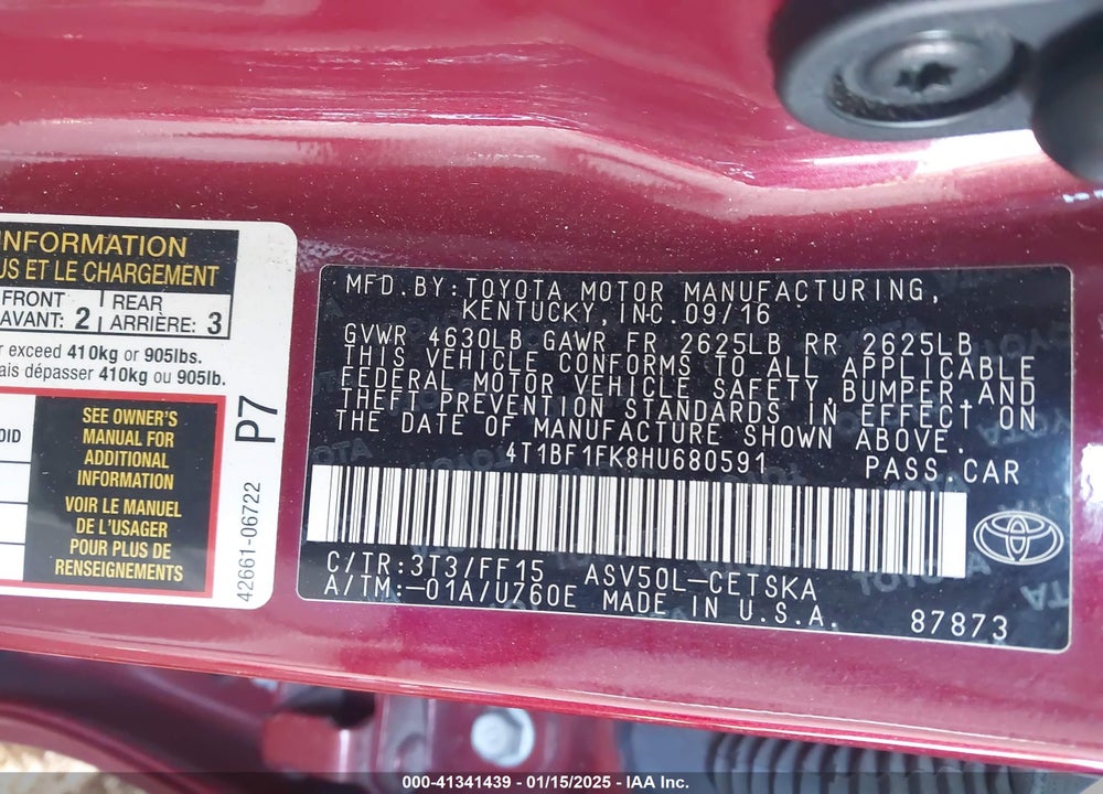 2017 TOYOTA CAMRY VIN: 4T1BF1FK8HU680591