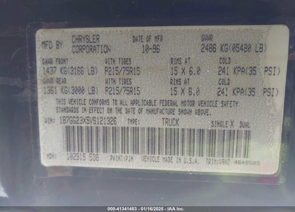 1997 DODGE DAKOTA SLT/SPORT VIN: 1B7GG23X5VS121326