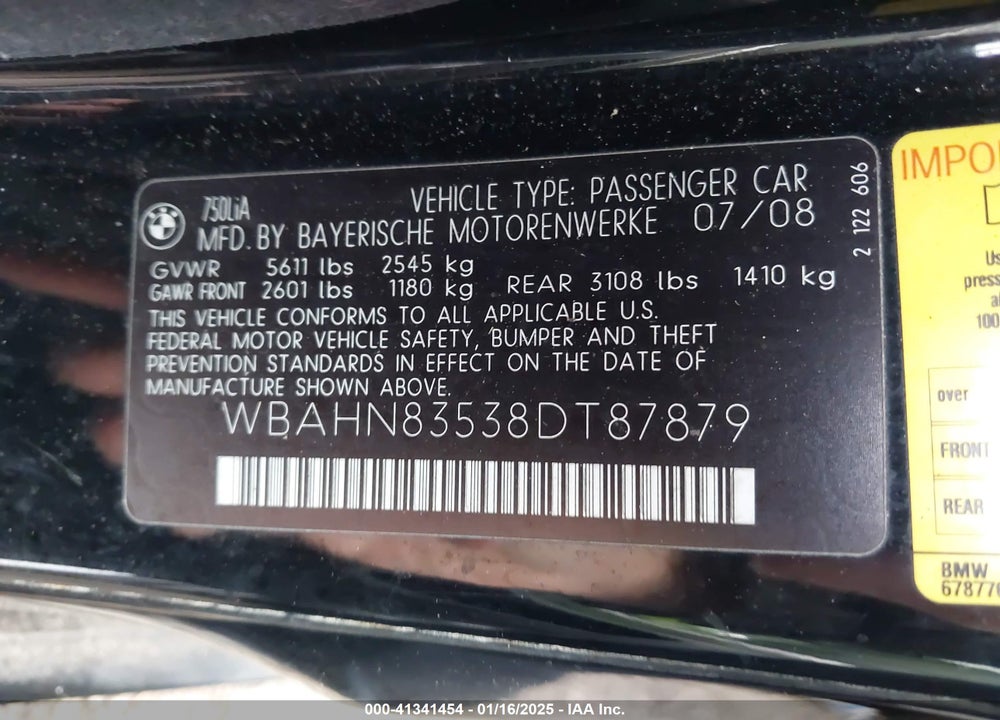2008 BMW 750 VIN: WBAHN83538DT87879