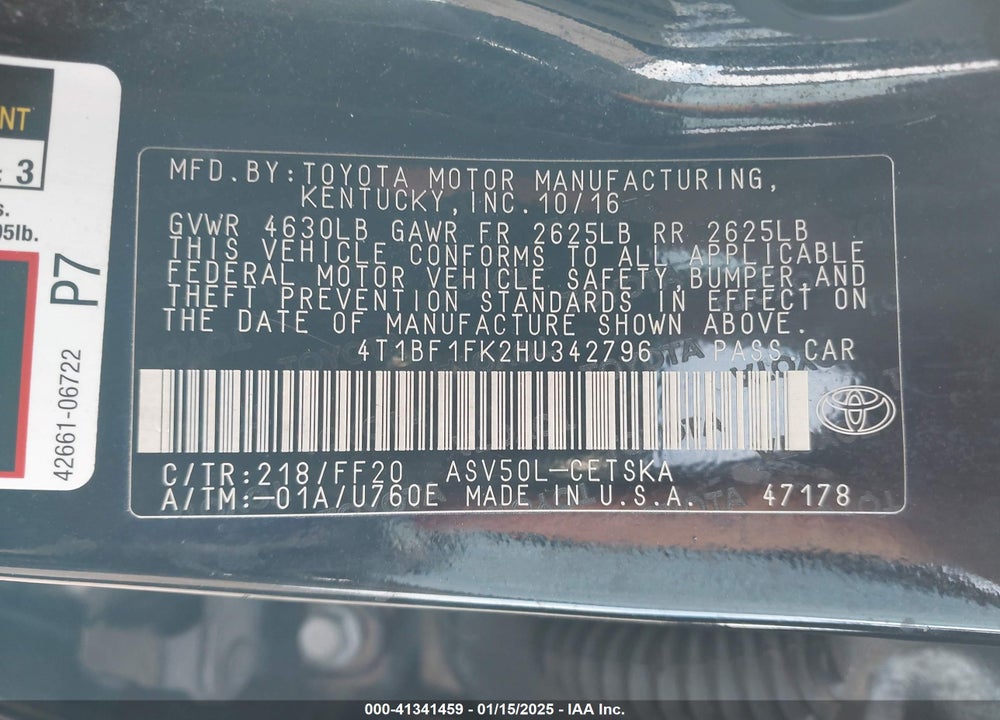 2017 TOYOTA CAMRY SE VIN: 4T1BF1FK2HU342796