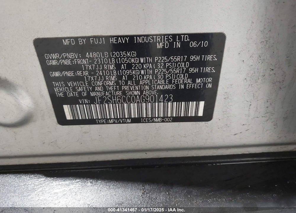 2010 SUBARU FORESTER 2.5X PREMIUM VIN: JF2SH6CC0AG901423