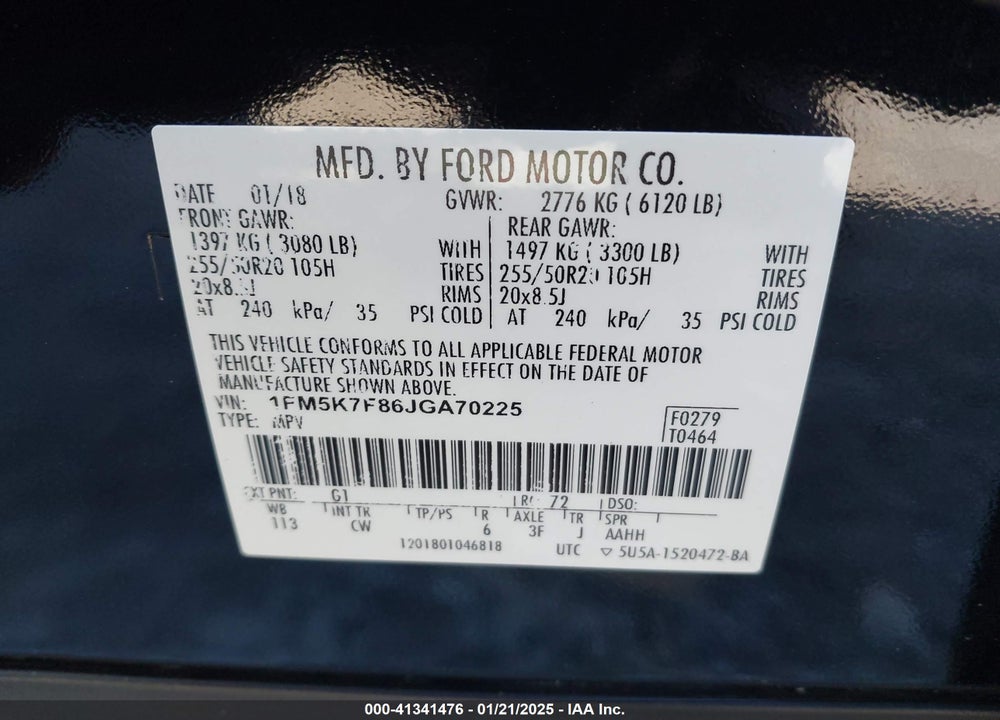 2018 FORD EXPLORER LIMITED VIN: 1FM5K7F86JGA70225