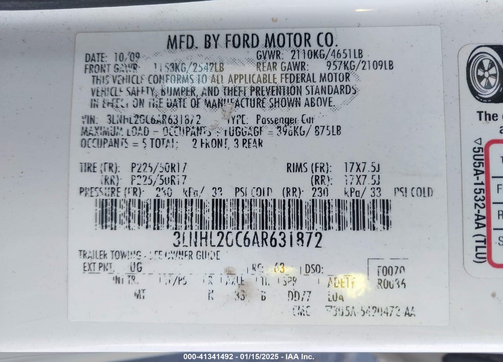 2010 LINCOLN MKZ VIN: 3LNHL2GC6AR631872