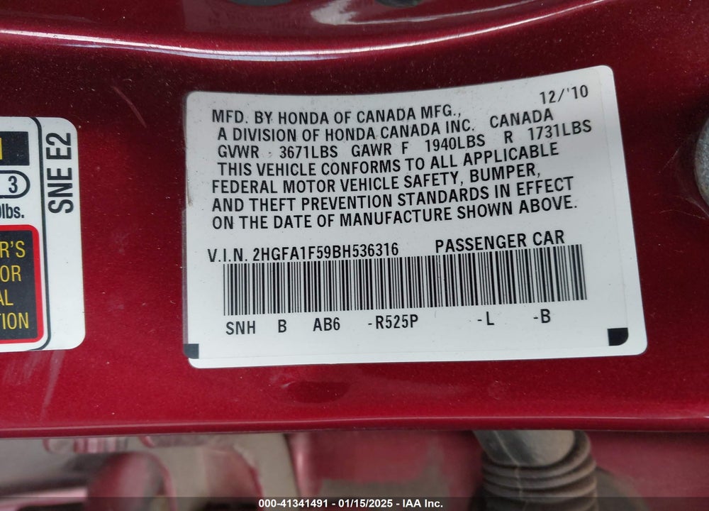2011 HONDA CIVIC VIN: 2HGFA1F59BH536316